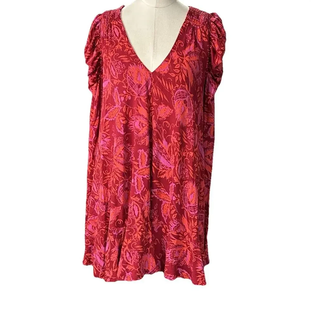 Free People Hello Lover Tunic Top XS Scarlet Combo Red V-Neck Puff Sleeve Boho